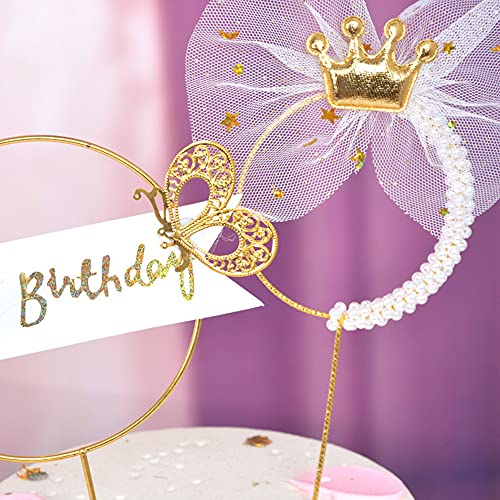 Keleily Birthday Cake Topper,2Piezas Topper de Tarta Decoración Tartas Adornos para Tartas de oro adornos cupcakes de hierro inserciones tartas redondas corona de perlas flores adornos tartas