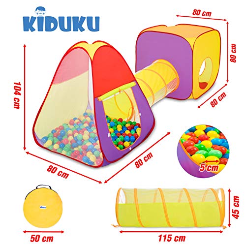 KIDUKU® 3 en 1 Carpa de Juegos para niños / Tienda de campaña Pop up Infantil para Jugar + Túnel de Tela + 200 Bolas + Bolsa para Transportar – Uso Interior y Exterior