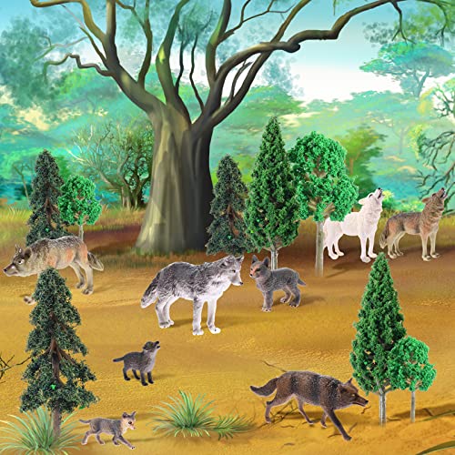 Kit de 16 Árboles Modelos Figuras de Animales de Bosque, 8 Figuras de Juguete de Lobo y 8 Árboles de Plástico Mixtos Topper de Tarta de Árbol Lobo de Bosque para Suministros de Diorama
