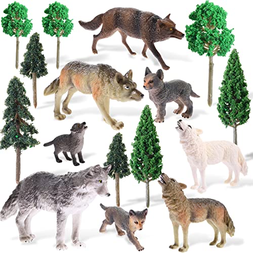Kit de 16 Árboles Modelos Figuras de Animales de Bosque, 8 Figuras de Juguete de Lobo y 8 Árboles de Plástico Mixtos Topper de Tarta de Árbol Lobo de Bosque para Suministros de Diorama