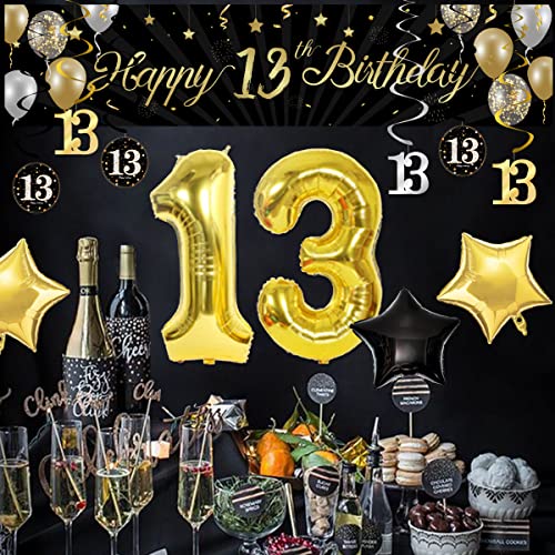 Kit de decoración de cumpleaños número 13 en negro y dorado, suministros oficiales para fiestas de cumpleaños adolescentes, para niños y niñas, con remolinos colgantes fondo interiores y exteriores