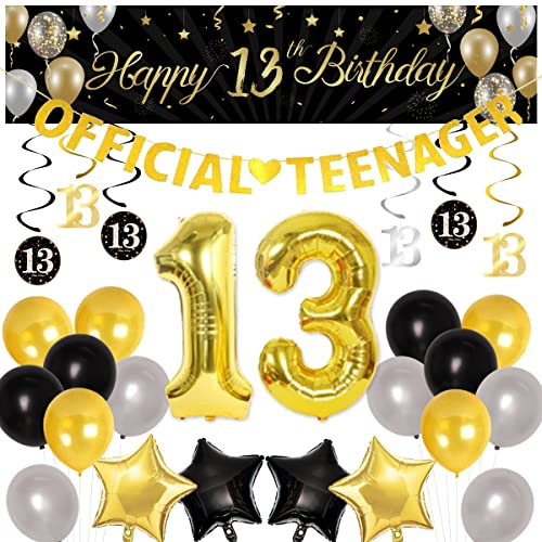 Kit de decoración de cumpleaños número 13 en negro y dorado, suministros oficiales para fiestas de cumpleaños adolescentes, para niños y niñas, con remolinos colgantes fondo interiores y exteriores