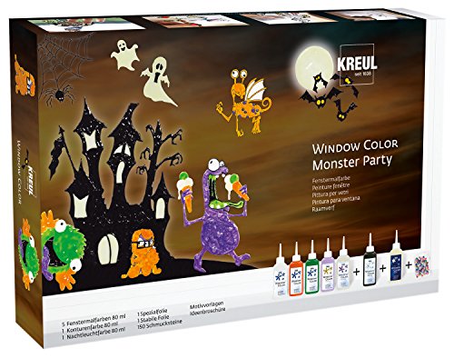 KREUL 42850 Window Color Set Monster Party-Juego de Pinturas para Ventanas (5 x 80 ml, 80 ml de Contorno y luz Nocturna, 2 láminas, 150 Piedras y Plantillas de diseño), Multicolor, Talla única