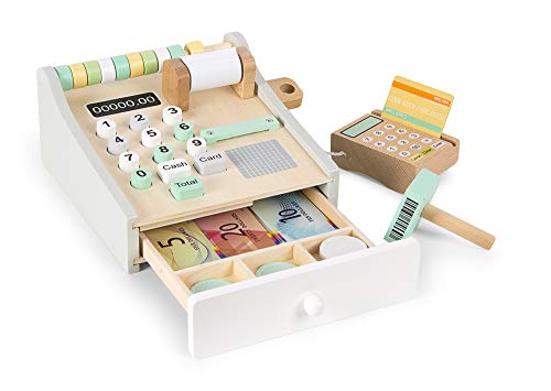 leomark Caja registradora de Madera - 2 en 1 - Multicolor con la calculadora, Scanner y Lector de Las Tarjetas, diversión y Aprendizaje