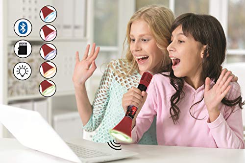 LEXIBOOK The Voice Karaoké Star Bluetooth con función de Modificador de Voz, Micrófono para Cantar, Altavoz Luminoso de 3W Integrado, Ranura Micro SD, Rojo/Negro (1)