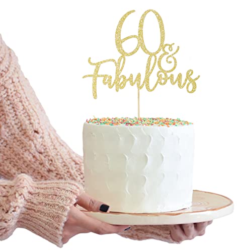 LOVENJOY 60 y fabuloso adorno para tartas con purpurina dorada para 60 cumpleaños, decoración de tartas, decoración brillante