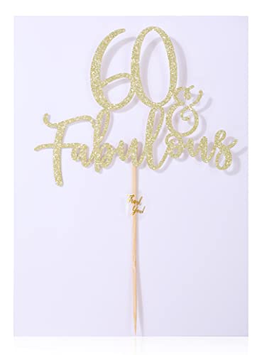 LOVENJOY 60 y fabuloso adorno para tartas con purpurina dorada para 60 cumpleaños, decoración de tartas, decoración brillante