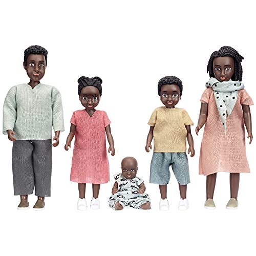 LUNDBY - Juego de muñecas pequeñas étnicas para casa de muñecas – Billie familia de 5 – 2 adultos + 3 niños – accesorios de casa de muñecas – Mini juegos de plástico para niños de 3 años + 1:18