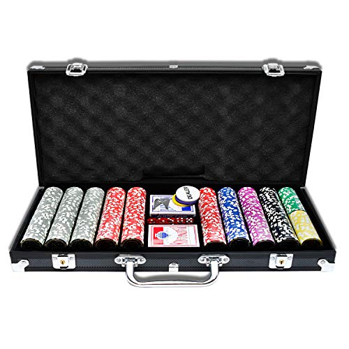 LZQ Maletín de póquer de 500 fichas Texas Hold'em con carcasa de aluminio negro, con caja de carying y fichas de casino, 2 juegos de cartas Dealer Small Blind Big Blind Buttons y 5 dados