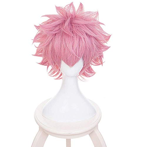 LZT Peluca de cosplay sintética de anime de color rosa claro corta de Mina Ashido de My Hero Academia, peluca sintética con malla de peluca gratis