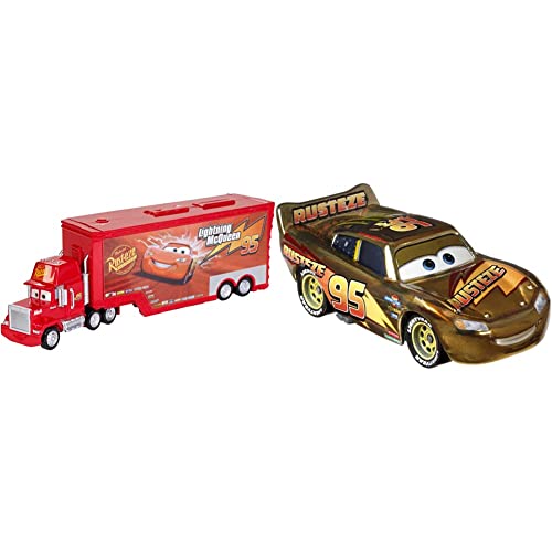 Matchbox Disney Cars 3 Mack Supercamión Transportador de Coches de Juguete, Color Surtido (Mattel FTT93) + Rayo McQueeen Dorado Coche de Juguete Personaje, Regalo para niños + 3 años