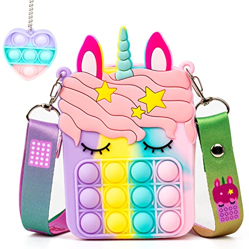 Mini Poppet Plopper - Bolso de mano con diseño de unicornio pop push it para niña, 15,3 x 8,9 cm, con llavero, juguete antiestrés para niños