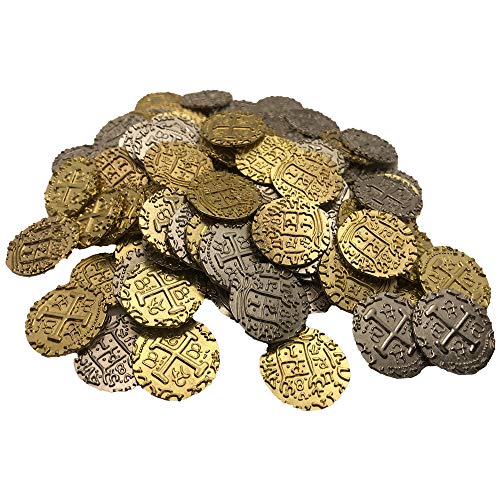 Monedas de metal pirata – 50 grandes monedas de plata y oro – réplica de doblones españoles para juegos de mesa, fichas, juguete, cosplay – accesorios realistas para dinero, cofre del tesoro pirata