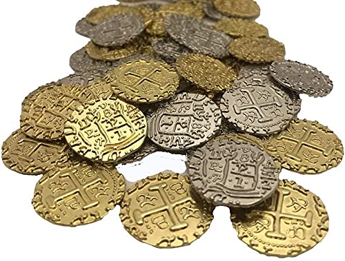 Monedas de metal pirata – 50 grandes monedas de plata y oro – réplica de doblones españoles para juegos de mesa, fichas, juguete, cosplay – accesorios realistas para dinero, cofre del tesoro pirata