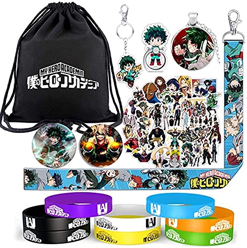 My Hero Academia Bag Set de regalo, mochila con cordón MHA, 50 pegatinas, 8 pulseras de silicona, 2 insignias de anime, collar, cordón, llavero, soporte para anillo de teléfono para fanáticos de MHA
