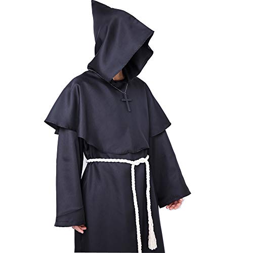 Myir JUN Disfraz de Monje Sacerdote Túnica Medieval Renacimiento Traje con Cruz para Halloween Carnaval (Negro, XL)