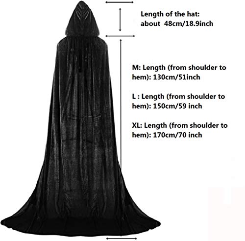 Negro Largo Capa con Capucha Terciopelo Disfraz para Halloween Disfraces de Capa de Navidad 170cm