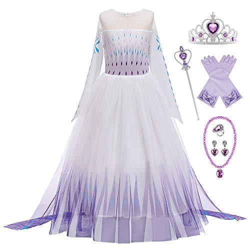 New Front Disfraz de princesa Elsa para niña vestido de princesa de 2 mangas largas disfraz y accesorios de Navidad, Halloween, cumpleaños vestido de cosplay corona Blanco 6 unidades