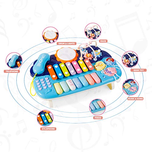 Nukdey Xilófono Instrumentos Musicales para Bebés|Teclado De Piano|Tambor con Cuentas De Teléfono Laberinto|Juguetes De Aprendizaje para Niños De 1 2 3 Añoslos Mejores Regalos Educativos (Azul)