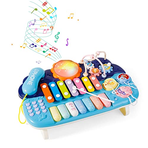 Nukdey Xilófono Instrumentos Musicales para Bebés|Teclado De Piano|Tambor con Cuentas De Teléfono Laberinto|Juguetes De Aprendizaje para Niños De 1 2 3 Añoslos Mejores Regalos Educativos (Azul)