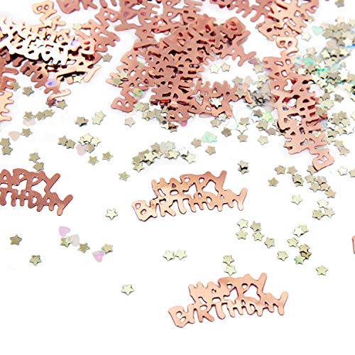 Oblique Unique® Set de confeti de 1500 unidades con texto "Happy Birthday", estrellas y corazones, decoración para mesa de cumpleaños infantil, en oro rosa