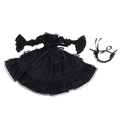 P Prettyia Victoriana Vestido de Manga Burbuja Princesa con Cinta de Cabello Falda de Fiesta Disfraz Decoraciones para 1/3 Modelo de Muñecas Lolita - Negro