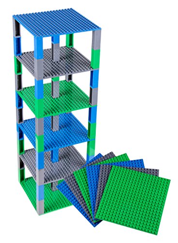 Pack de 6 Bases con Ladrillos separadores 2 x 2 - Construcción en Forma de Torre - Compatible con Todas Las Marcas - 15,24 x 15,24 cm - Azul, Verde, Gris