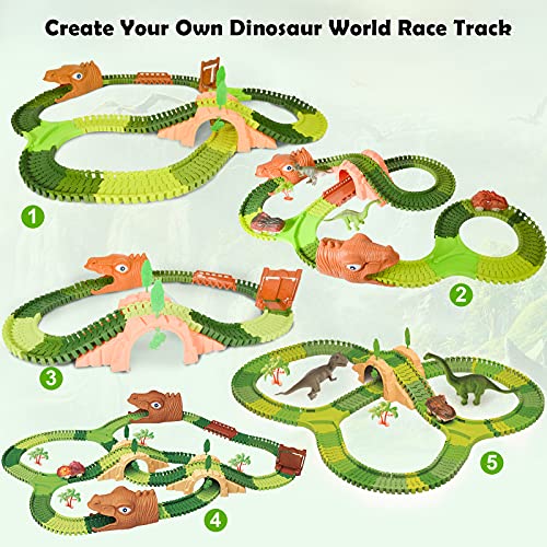 Pistas de juguete de dinosaurio, pista de autos de carreras 265 piezas con 2 autos de dinosaurios, tallos para niños pequeños Regalos educativos de cumpleaños para niños de 4 a 8 años Niñas