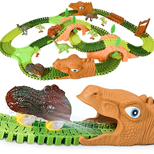 Pistas de juguete de dinosaurio, pista de autos de carreras 265 piezas con 2 autos de dinosaurios, tallos para niños pequeños Regalos educativos de cumpleaños para niños de 4 a 8 años Niñas