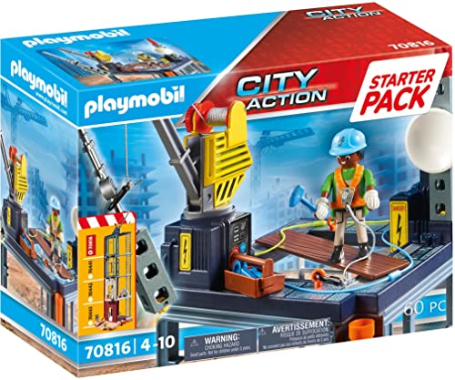 PLAYMOBIL City Action 70816 Starter Pack Construcción con grúa, Juguete para niños a partir de 4 años