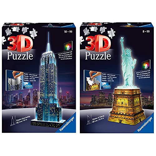 Ravensburger 12566 1- Puzzle 3D Building: Empire State Building Night Edition, Multicolor + Puzzle Building 3D Night Edition: Estatua De La Libertad (12596), Color, Modelo Surtido