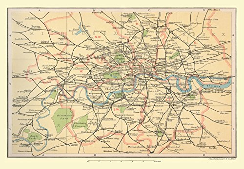 Rompecabezas de 1000 Piezas - Mapa de los Ferrocarriles of London Suburbios y Postales Distritos 1908