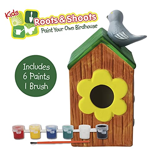 Roots & Shoots – Pinta tu propia casa de pájaros, kit de casa de pájaros pintables con pinturas y pincel, kits de manualidades para niños, decoración de la casa de pájaros, 11 cm x 8 cm x 18,5 cm