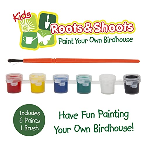 Roots & Shoots – Pinta tu propia casa de pájaros, kit de casa de pájaros pintables con pinturas y pincel, kits de manualidades para niños, decoración de la casa de pájaros, 11 cm x 8 cm x 18,5 cm