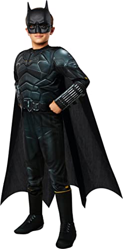 Rubies Disfraz The Batman Deluxe para niño, con jumpsuit detalles impresos, pecho musculoso, capa y máscara, para Halloween, carnaval, Navidad y cumpleaños