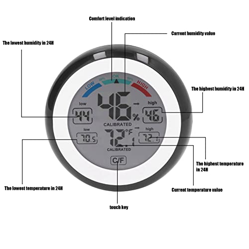 Sensor de Temperatura de Humedad, Pantalla Táctil Fácil de Leer Termómetro para Exteriores Higrómetro Grabación Pequeña de 24 Horas con LCD a Color para Dormitorios
