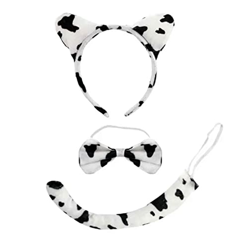 Set 3 piezas de disfraz de vaca de color blanco y negro, complemento para carnaval, halloween y celebraciones. Tamaño orejas: 15 x 21,5 x 2 cm