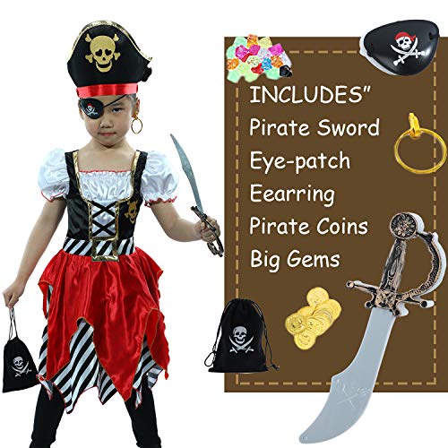Sincere Party Disfraz de pirata para niñas Pirata Bucanero Princesa Vestido de lujo con espada, bolsa de pirata, parche en el ojo y sombrero 7-8 años