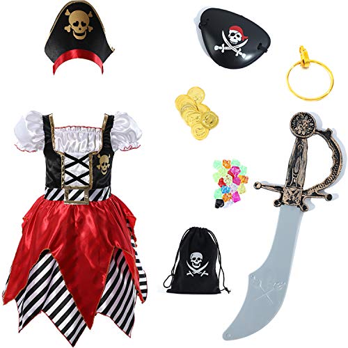 Sincere Party Disfraz de pirata para niñas Pirata Bucanero Princesa Vestido de lujo con espada, bolsa de pirata, parche en el ojo y sombrero 7-8 años