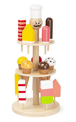 Small Foot 11488 Eisständer Luigi Gelato aus Holz, Zubehör für Kaufmannsladen und Kinderküche, mit 15 Eissorten Juguete, Multicolor