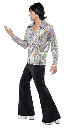 Smiffys-33841L Disfraz Retro de los 70, con Estampado psicodélico, Camisa y Pantalones de Campana, Color Negro, L-Tamaño 42"-44" (Smiffy'S 33841L)