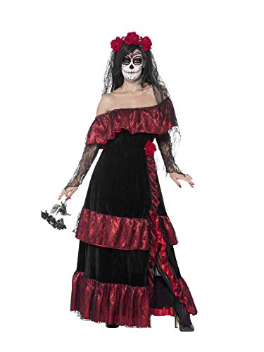 Smiffy's- Smiffys Disfraz de Novia del Día de Muertos, con Vestido y Velo con Rosas, Color negro, M (43739M)