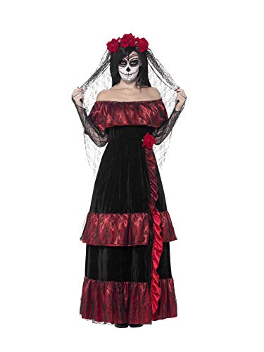 Smiffy's- Smiffys Disfraz de Novia del Día de Muertos, con Vestido y Velo con Rosas, Color negro, M (43739M)