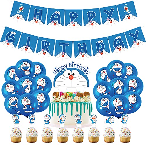 smileh Decoraciones de Cumpleaños Doraemon Globos Pancarta de Feliz Cumpleaños Doraon Decoración de Tartas para Niños Doraemon Fiesta de Cumpleaños Decoracion