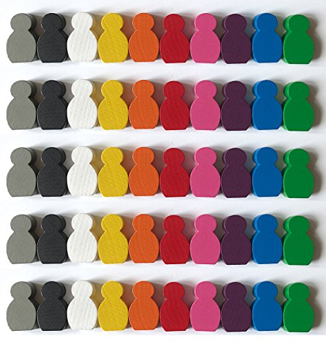 Spieltz 052641: grandes figuras de madera para juegos de mesa, tamaño 21 x 34 x 8 mm, 10 (blanco, amarillo, naranja, rojo, azul, verde, rosa, morado, gris, negro). Paquete grande de 50 unidades.