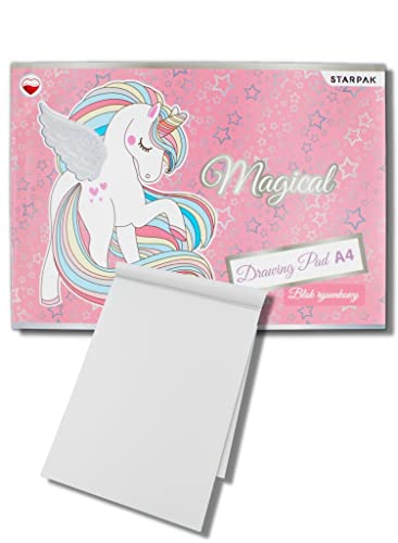 Starpak - 2 Álbum de dibujo para niña con hojas lisas blancas A4 - Bloc cuaderno para colorear con 20 hojas y cubierta flexible mágica unicornio