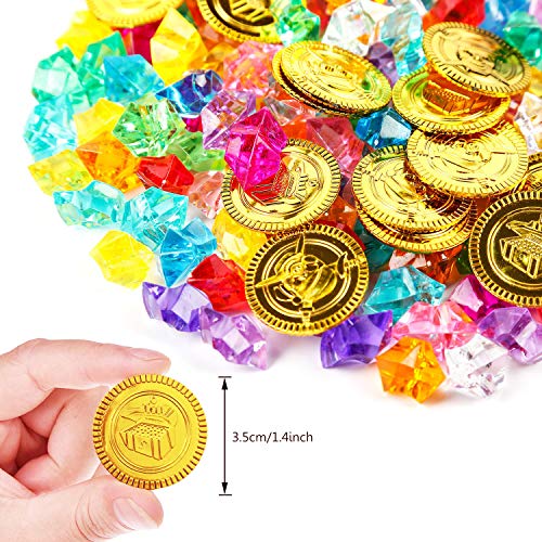 Sunshine smile Moneda de Oro Pirata, Gemas de Piratas, Tesoro Pirata de plastico, Juguete de Pirata Monedas, Joyas de Juguete Pirata para Favores de Fiesta (2)