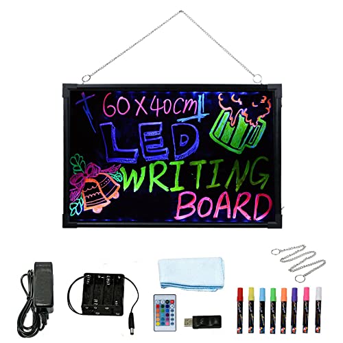 Tablero de escritura con mensaje LED iluminado sensorial borrable efecto neón menú, 8 fabricantes fluorescentes, control remoto 60 x 40 cm