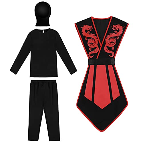 Tacobear Disfraz de Ninja para Niño Disfraz de Calavera Ninja Disfraz de Cosplay Disfraz Infantil de Halloween Negro y Rojo 3-12 Años (XL(10-12 años))
