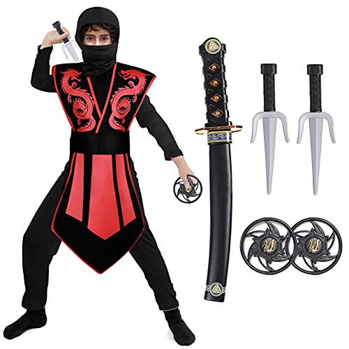 Tacobear Disfraz de Ninja para Niño Disfraz de Calavera Ninja Disfraz de Cosplay Disfraz Infantil de Halloween Negro y Rojo 3-12 Años (XL(10-12 años))